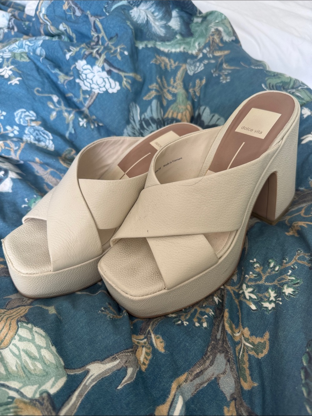 Dolce Vita Cream Cross-Strap Platform Mule Heels